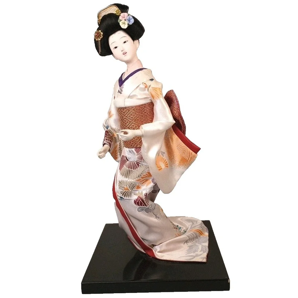 Vintage Japanese Geisha Doll Dancer White Silk Flower Kimono Full Headdress 12
